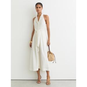 REISS Tor Halterneck Belted Midi Dress with Linen